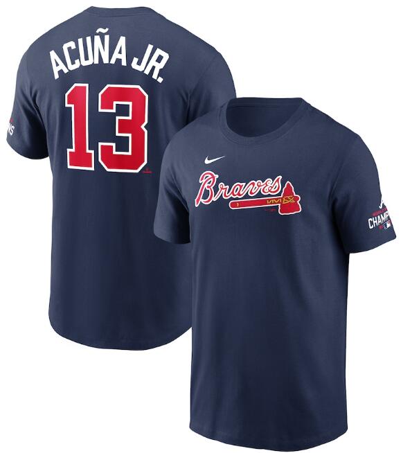 Men's Atlanta Braves #13 Ronald Acuña Jr. 2021 Navy World Series Champions Player Name & Number T-Shirt