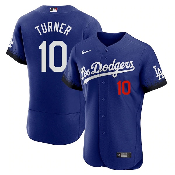Men's Los Angeles Dodgers #10 Justin Turner 2021 Royal City Connect Flex Base Stitched Baseball Jersey