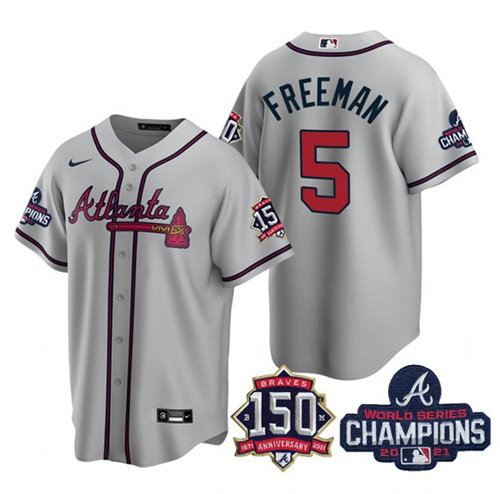 Men's Atlanta Braves #5 Freddie Freeman 2021 Gray World Series Champions With 150th Anniversary Patch Cool Base Stitched Jersey