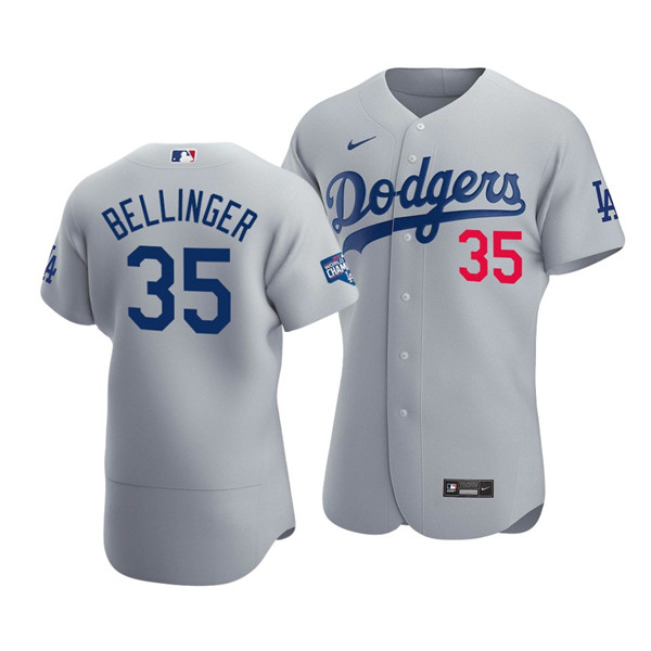 Men's Los Angeles Dodgers #35 Cody Bellinger 2020 Grey World Series Champions Patch Flex Base MLB Sttiched Jersey
