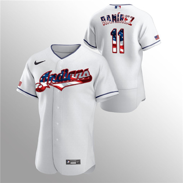 Men's Cleveland Indians White #11 Jose Ramirez 2020 Stars & Stripes Flex Base Stitched MLB Jersey