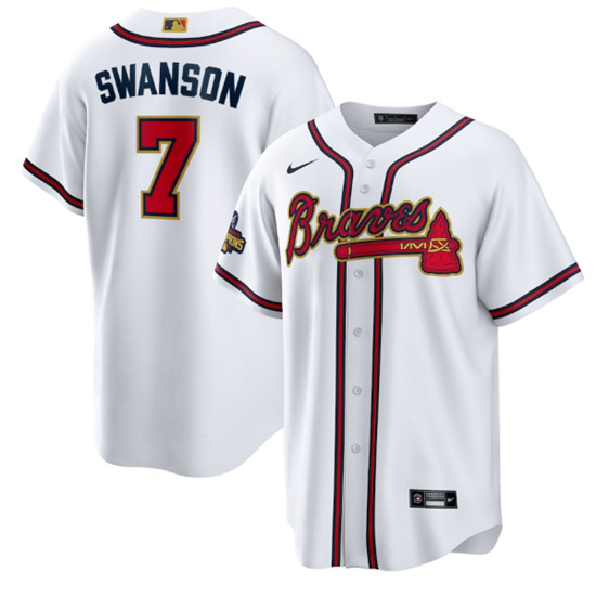 Men's Atlanta Braves#7 Dansby Swanson 2022 White/Gold World Series Champions Program Cool Base Stitched Baseball Jersey