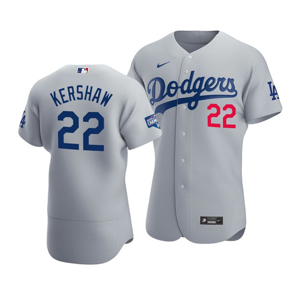 Men's Los Angeles Dodgers #22 Clayton Kershaw 2020 Grey World Series Champions Patch Flex Base MLB Sttiched Jersey
