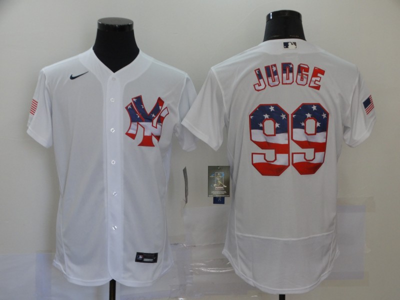 Men's New York Yankees White #99 Aaron Judge 2020 Stars & Stripes Flex Base Stitched MLB Jersey