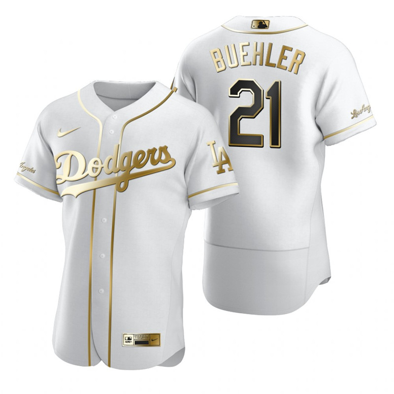 Men's Los Angeles Dodgers #21 Walker Buehler White Golden Edition Flex Base Sttiched MLB Jersey