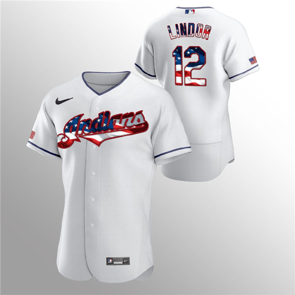 Men's Cleveland Indians White #12 Francisco Lindor 2020 Stars & Stripes Flex Base Stitched MLB Jersey