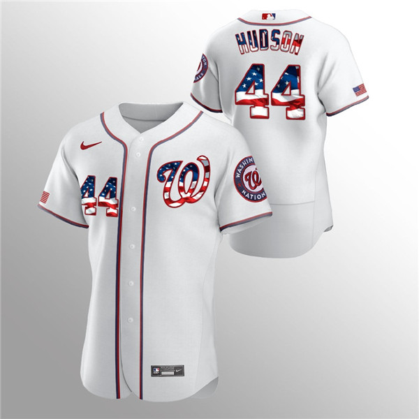 Men's Washington Nationals White #44 Daniel Hudson 2020 Stars & Stripes Flex Base Stitched MLB Jersey