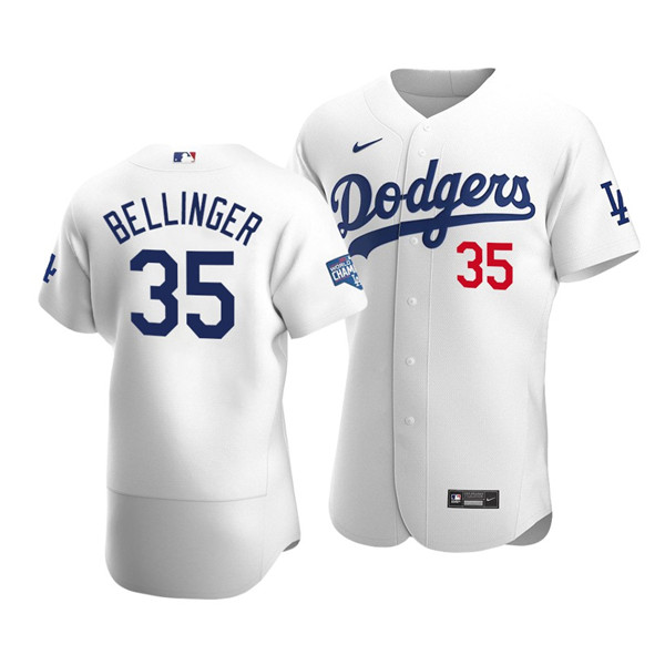 Men's Los Angeles Dodgers #35 Cody Bellinger 2020 White World Series Champions Patch Flex Base MLB Sttiched Jersey