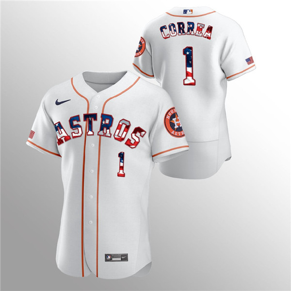 Men's Houston Astros White #1 Carlos Correa 2020 Stars & Stripes Flex Base Stitched MLB Jersey