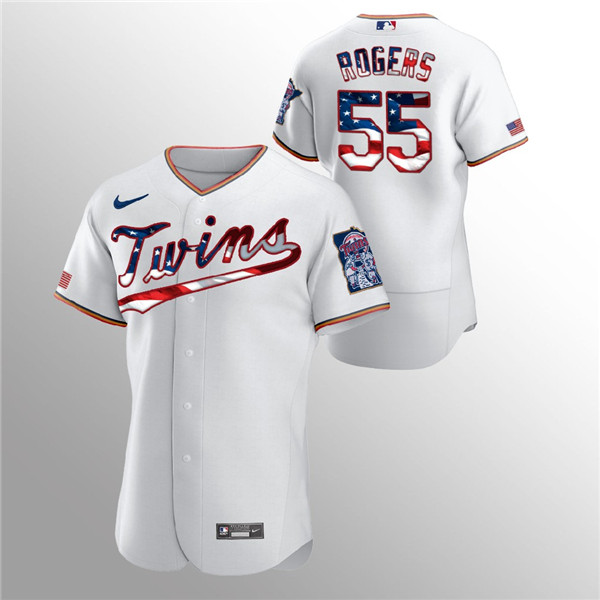 Men's Minnesota Twins White #55 Taylor Rogers 2020 Stars & Stripes Flex Base Stitched MLB Jersey