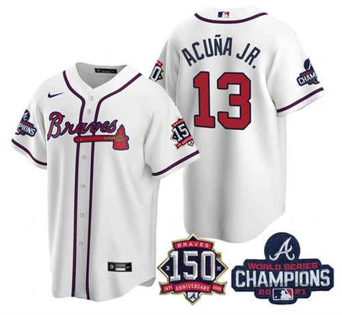 Men's Atlanta Braves #13 Ronald Acuña Jr. 2021 White World Series Champions With 150th Anniversary Patch Cool Base Stitched Jersey