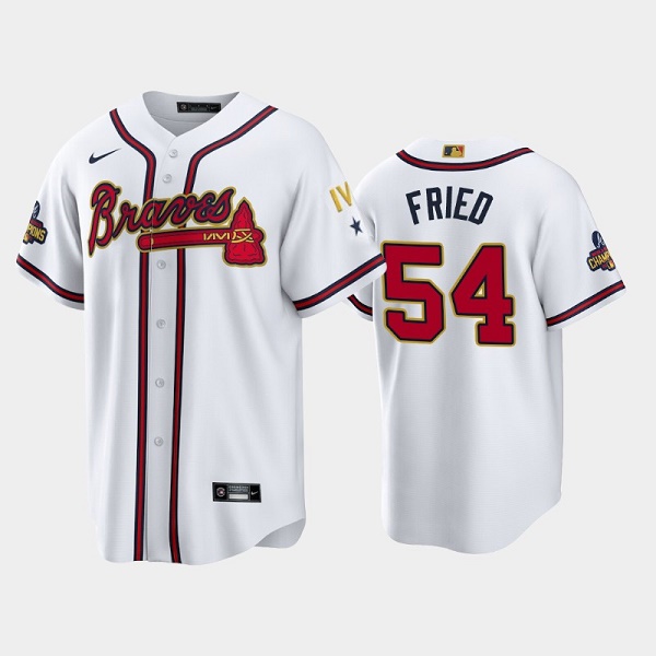 Men's Atlanta Braves #54 Max Fried 2022 White/Gold World Series Champions Program Cool Base Stitched Baseball Jersey