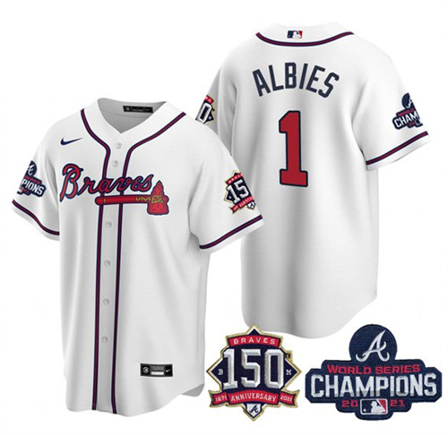 Men's Atlanta Braves #1 Ozzie Albies 2021 White World Series Champions With 150th Anniversary Patch Cool Base Stitched Jersey