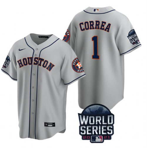 Men's Houston Astros #1 Carlos Correa 2021 Gray World Series Cool Base Stitched Baseball Jersey