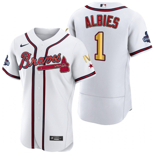 Men's Atlanta Braves #1 Ozzie Albies White Gold World Series Champions Flex Base Stitched Jersey