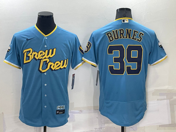 Men's Milwaukee Brewers #39 Corbin Burnes 2022 Powder Blue City Connect Flex Base Stitched Jersey
