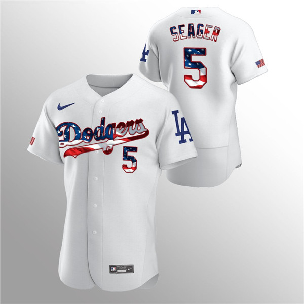 Men's Los Angeles Dodgers White #5 Corey Seager 2020 Stars & Stripes Flex Base Stitched MLB Jersey