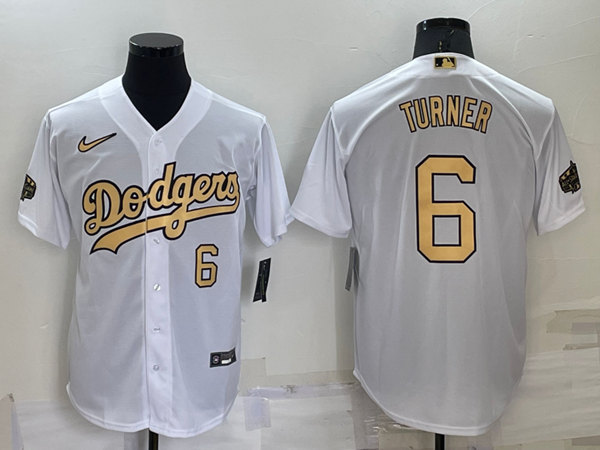 Men's Los Angeles Dodgers #6 Trea Turner 2022 All-Star White Cool Base Stitched Baseball Jersey