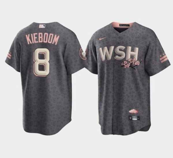 Men's Washington Nationals #8 Carter Kieboom 2022 Gray City Connect Cherry Blossom Cool Base Stitched Jersey