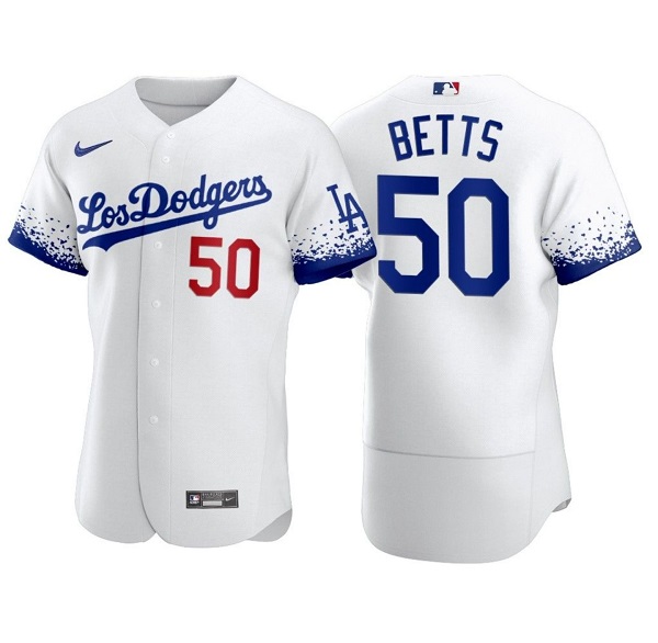 Men's Los Angeles Dodgers #50 Mookie Betts 2021 White City Connect Flex Base Stitched Baseball Jersey