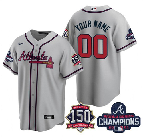 Men's Atlanta Braves Active Player Custom 2021 Gray World Series Champions With 150th Anniversary Cool Base Stitched Jersey