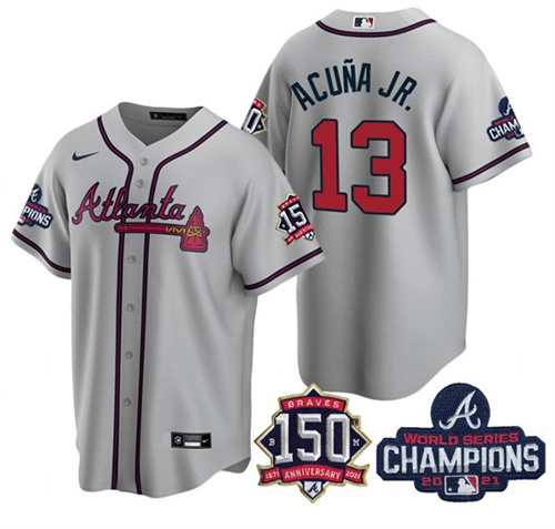 Men's Atlanta Braves #13 Ronald Acuña Jr. 2021 Gray World Series Champions With 150th Anniversary Patch Cool Base Stitched Jersey