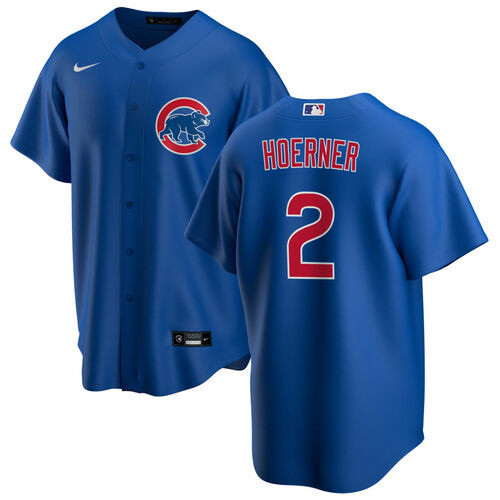 Men's Chicago Cubs #2 Nico Hoerner Blue Cool Base Stitched Baseball Jersey