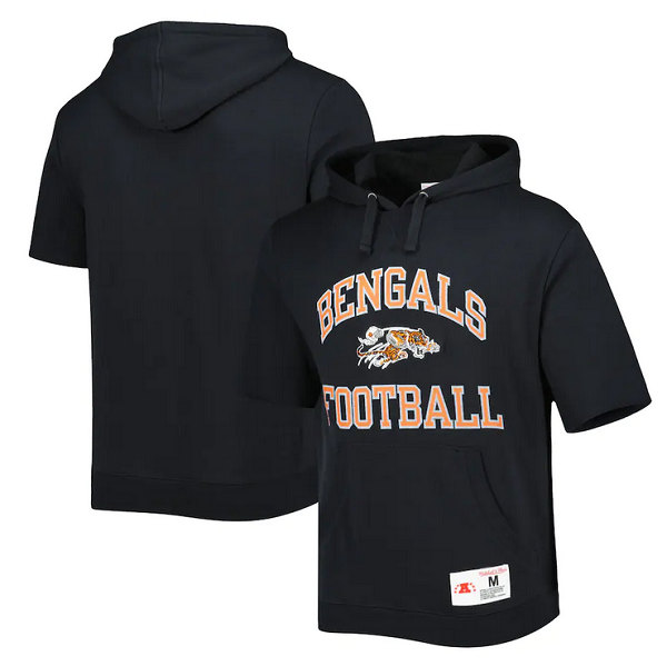 Men's Cincinnati Bengals Black Mitchell & Ness Washed Short Sleeve Pullover Hoodie