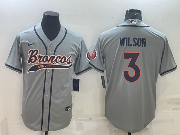 Men's Denver Broncos #3 Russell Wilson Gray With Patch Cool Base Stitched Baseball Jersey