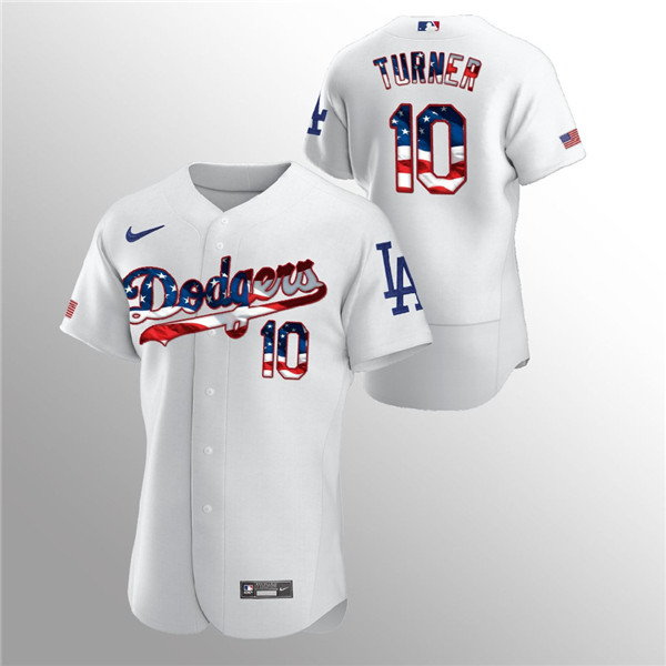 Men's Los Angeles Dodgers White #10 Justin Turner 2020 Stars & Stripes Flex Base Stitched MLB Jersey