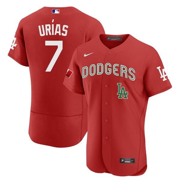 Men's Los Angeles Dodgers #7 Julio Urias 2021 Mexican Heritage Red Flex Base Stitched Baseball Jersey
