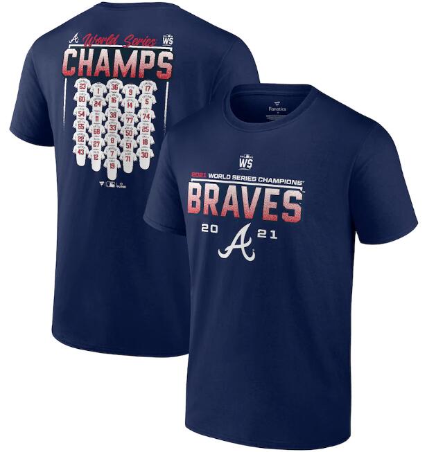 Men's Atlanta Braves 2021 Navy World Series Champions Jersey Roster T-Shirt