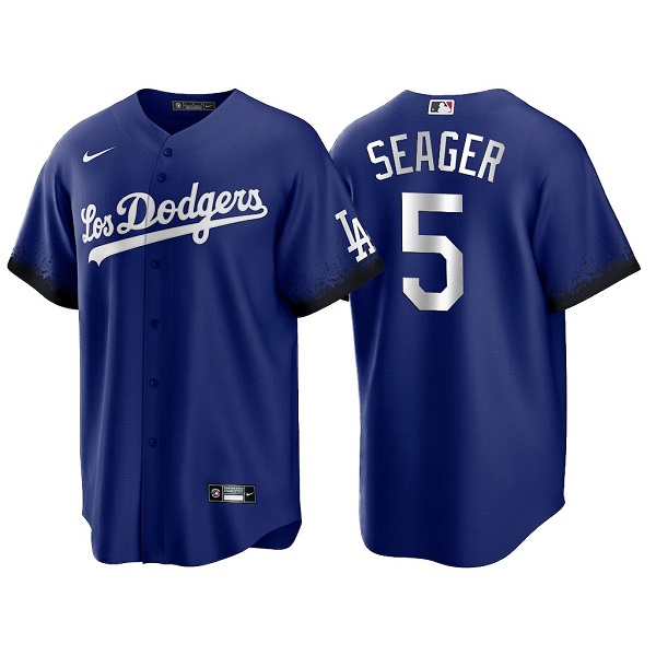 Men's Los Angeles Dodgers #5 Corey Seager 2021 Royal City Connect Cool Base Stitched Baseball Jersey