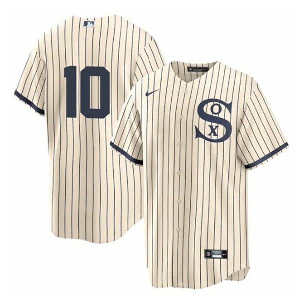 Men's Chicago White Sox #10 Yoan Moncada 2021 Cream/Navy Field Of Dreams Cool Base Stitched Jersey