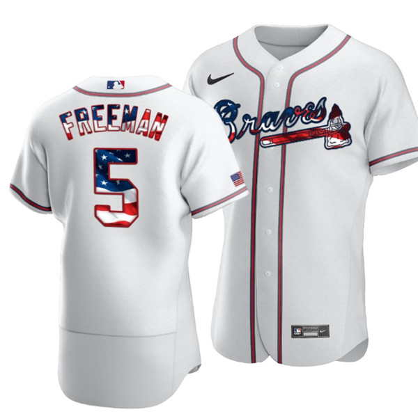 Men's Atlanta Braves White #5 Freddie Freeman 2020 Stars & Stripes Flex Base Stitched MLB Jersey