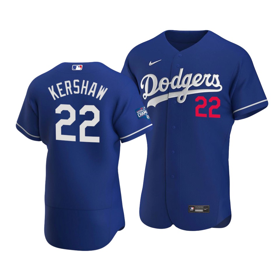 Men's Los Angeles Dodgers #22 Clayton Kershaw 2020 Royal World Series Champions Patch Flex Base MLB Sttiched Jersey
