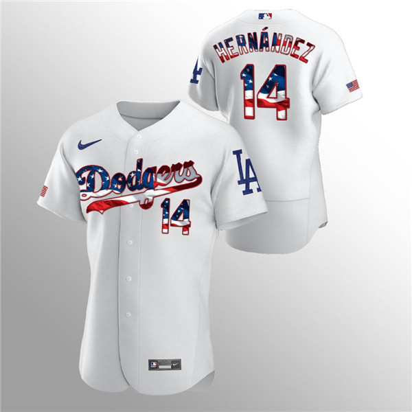 Men's Los Angeles Dodgers White #14 Enrique Hernandez 2020 Stars & Stripes Flex Base Stitched MLB Jersey