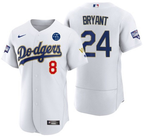 Men's Los Angeles Dodgers Front #8 Back #24 Kobe Bryant With KB Patch White Gold Championship Sttiched MLB Jersey