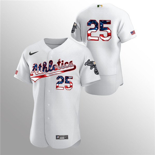Men's Oakland Athletics White #25 Stephen Piscotty 2020 Stars & Stripes Flex Base MLB StitchedJersey