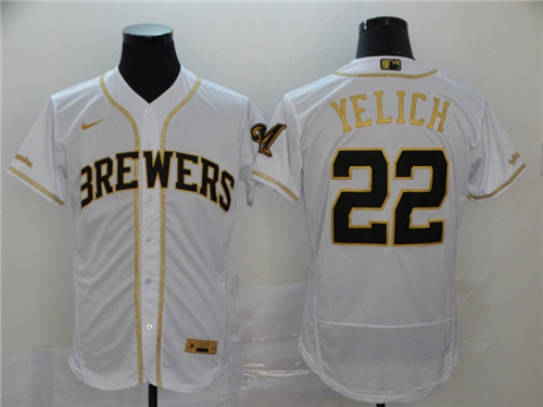 Men's Milwaukee Brewers #22 Christian Yelich Blank 2020 White Golden Flex Base Stitched MLB Jersey
