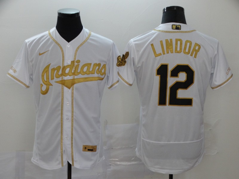 Men's Cleveland Indians #12 Francisco Lindor 2020 White Golden Flex Base Stitched MLB Jersey