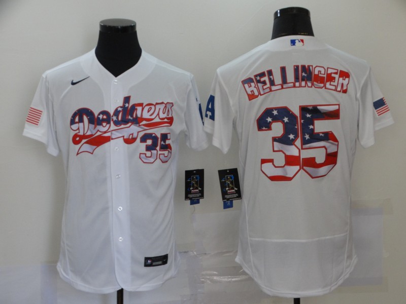 Men's Los Angeles Dodgers White #35 Cody Bellinger 2020 2020 Stars & Stripes Flex Base Stitched MLB Jersey