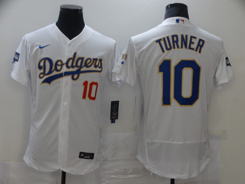 Men's Los Angeles Dodgers #10 Justin Turner White Gold Championship Flex Base Sttiched MLB Jersey