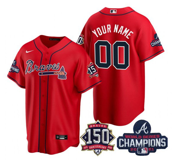 Men's Atlanta Braves Customized 2021 Red World Series Champions With 150th Anniversary Cool Base Stitched Jersey