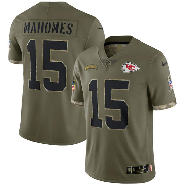 Men's Kansas City Chiefs #15 Patrick Mahomes 2022 Olive Salute To Service Limited Stitched Jersey