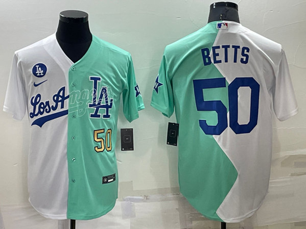 Men's Los Angeles Dodgers #50 Mookie Betts White/Green 2022 All-Star Cool Base Stitched Baseball Jersey