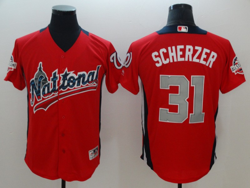 National League #31 Max Scherzer Red 2019 MLB All-Star Game Workout Jersey