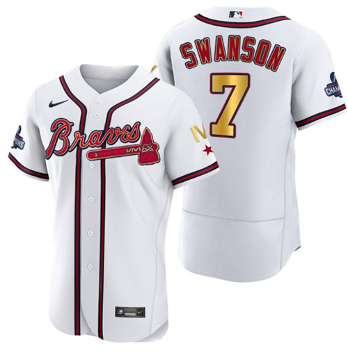 Men's Atlanta Braves #7 Dansby Swanson White Gold World Series Champions Flex Base Stitched Jersey