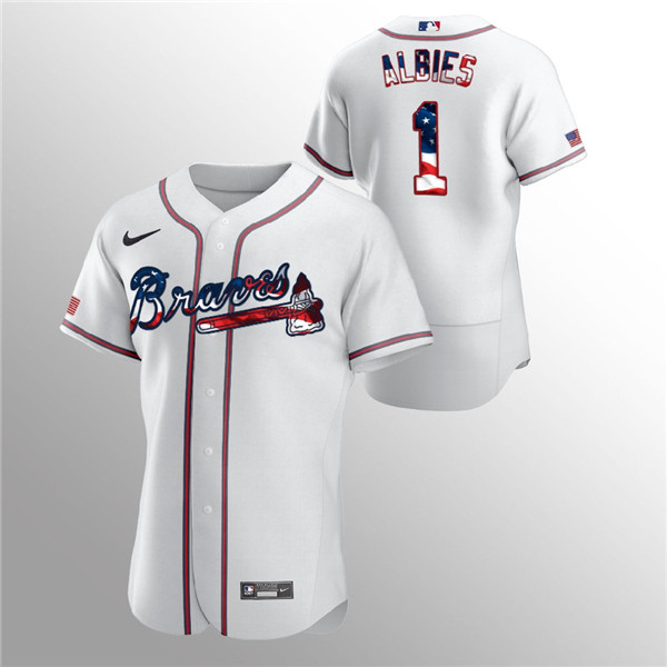 Men's Atlanta Braves White #1 Ozzie Albies White 2020 Stars & Stripes Flex Base Stitched MLB Jersey