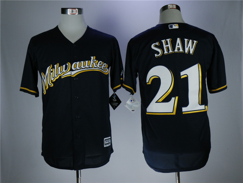 Men's Milwaukee Brewers #21 Travis Shaw Navy Coolbase Stitched MLB Jersey